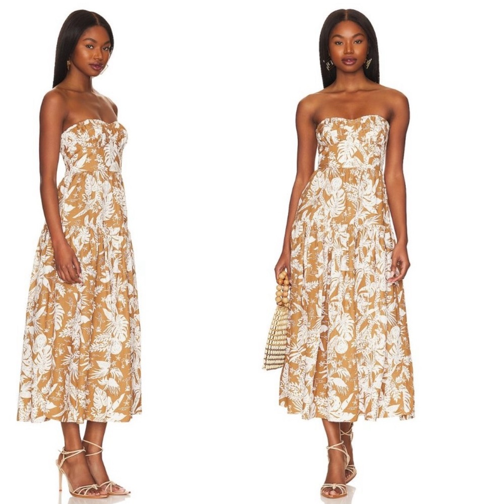 Shona Joy NEW Kiana Strapless Linen Ruched Midi Dress in Walnut & Coconut Size 2